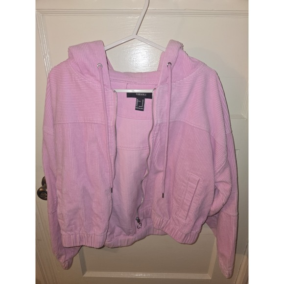 Forever 21 Jackets & Blazers - FOREVER 21 Pink Corduroy Zip Up Hoodie Jacket Women's Medium Casual Cropped